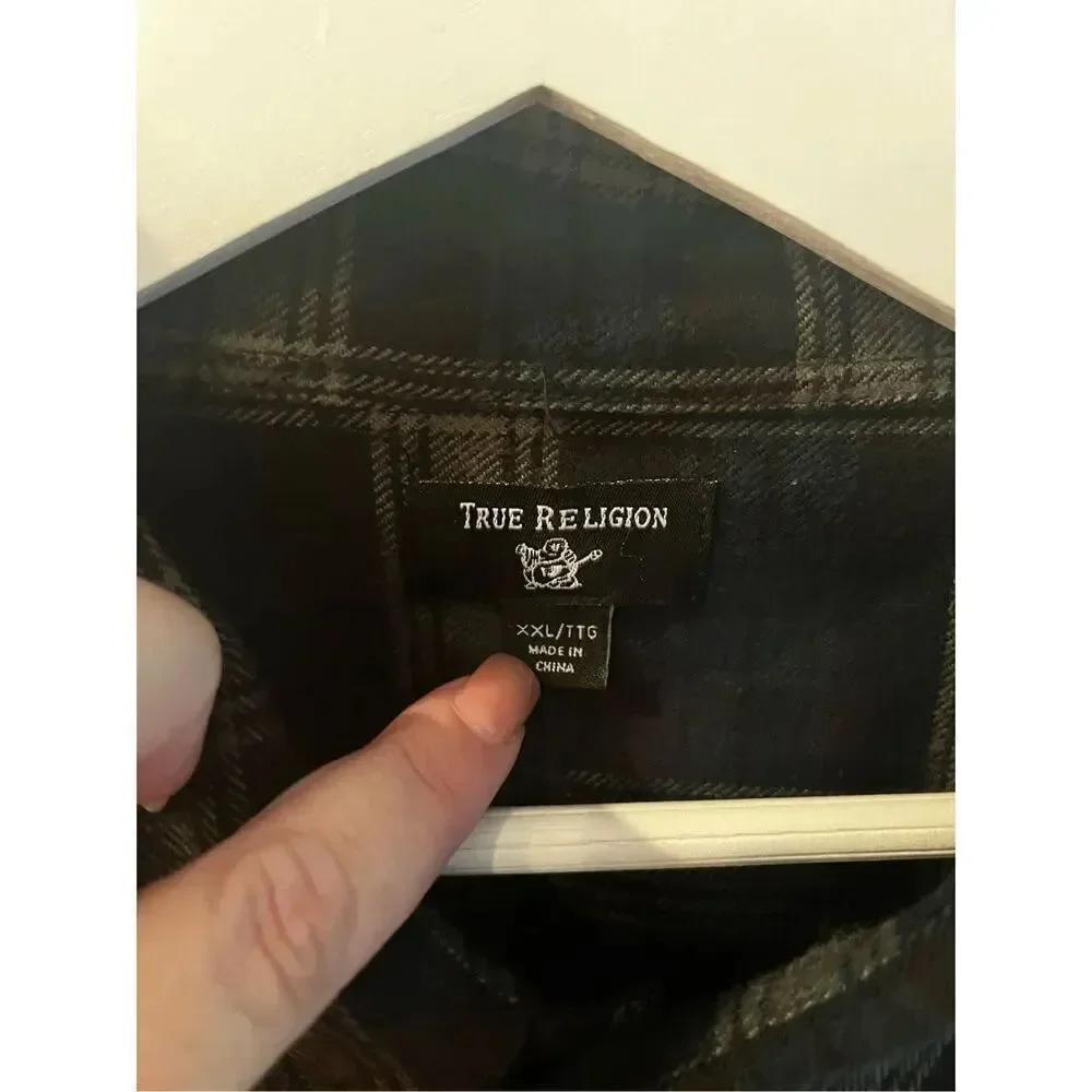 True Religion Triple Needle Plaid Blue Black Gray Flannel Button Down Shirt sz X